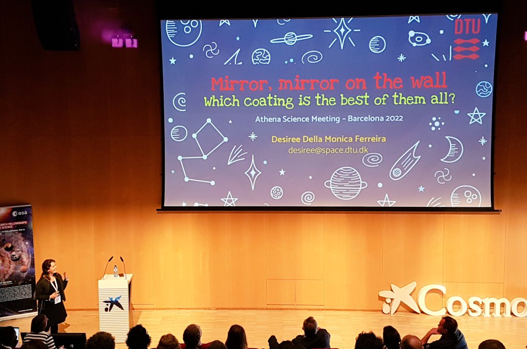AthenaConf2022's tweet image. The third talk of this session is given by Desiree Ferreira. It has the intriguing title Mirror, mirror on the wall, which coating is the best of them all?