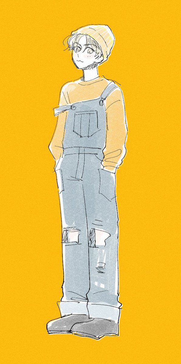 solo 1boy male focus hat simple background overalls hands in pockets  illustration images