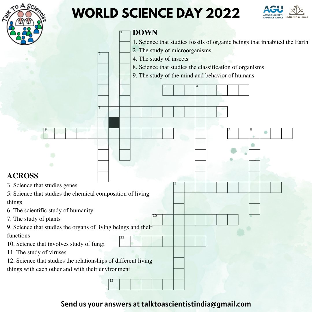 TTASIndia's tweet photo. It's #WorldScienceDay and we wanted to use this opportunity to highlight the various fields of science🧪🔭🔬🧠🧬. 
Try solving this #crossword #puzzle and send us your #answers via email📧!
#IOG #learnwithTTAS #science #scicomm #scienceisfun #scienceforkids #ScienceDay #TTASIndia https://t.co/nMZeGhcbPE