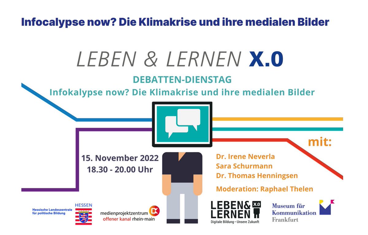 klimafakten's tweet photo. "Infocalypse now - die Klimakrise und ihre medialen Bilder" - spannende Veranstaltung im Rahmen der @mfk_frankfurt-Ausstellung #Klima_X am 15.11., 18.30. im Livestream, mit:
@SaraSchurmann @Neverlai @thelen @ForestsThomas 
https://t.co/CUvQp8OJxQ https://t.co/O85KVL1Dw4