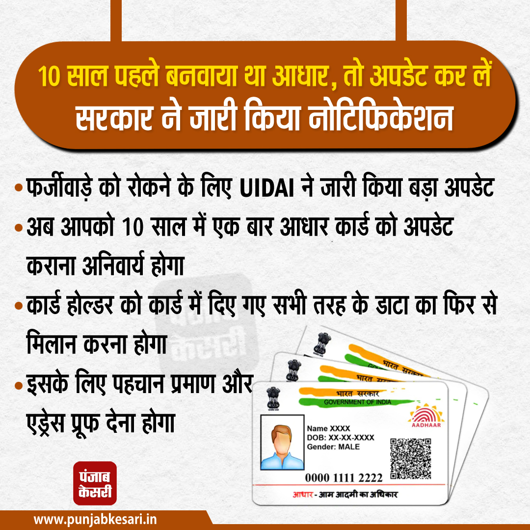 punjabkesari's tweet photo. 10 साल पहले बनवाया था आधार, तो अपडेट कर लें, सरकार ने जारी किया नोटिफिकेशन 

#Aadharcard #Indian #UIDAIguidelines #Aadharcardafter10years #punjabkesari https://t.co/w9yx78sjZG