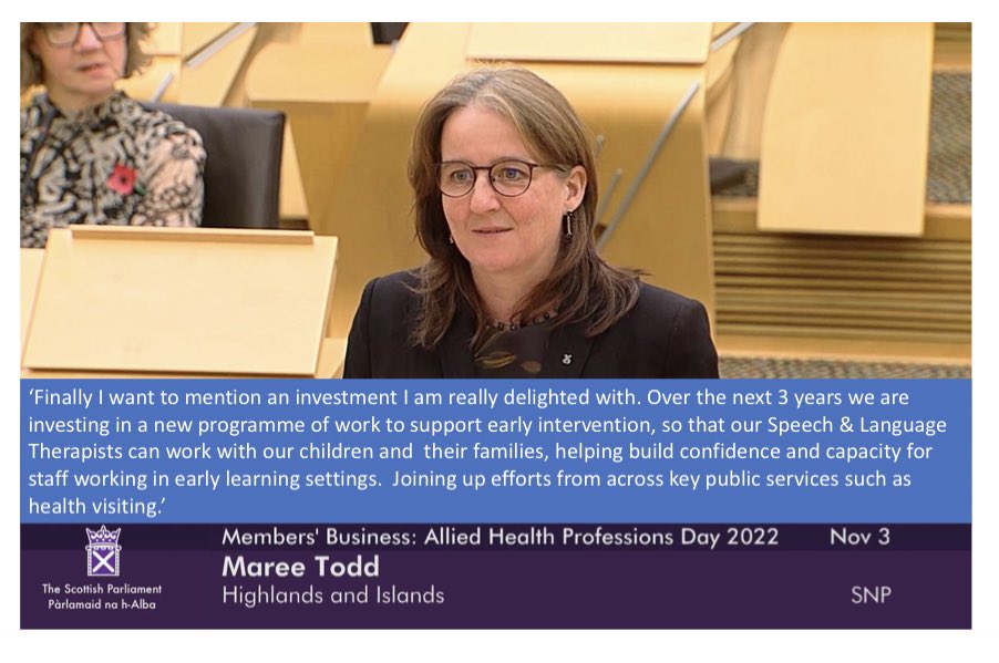 rcsltscot's tweet photo. In case you missed it! At the AHP debate @ScotParl last week @MareeToddMSP expressed her enthusiasm for the additional investment in early intervention &amp; speech &amp; language therapy. More info to follow about this exciting development. https://t.co/qNCccBp2db