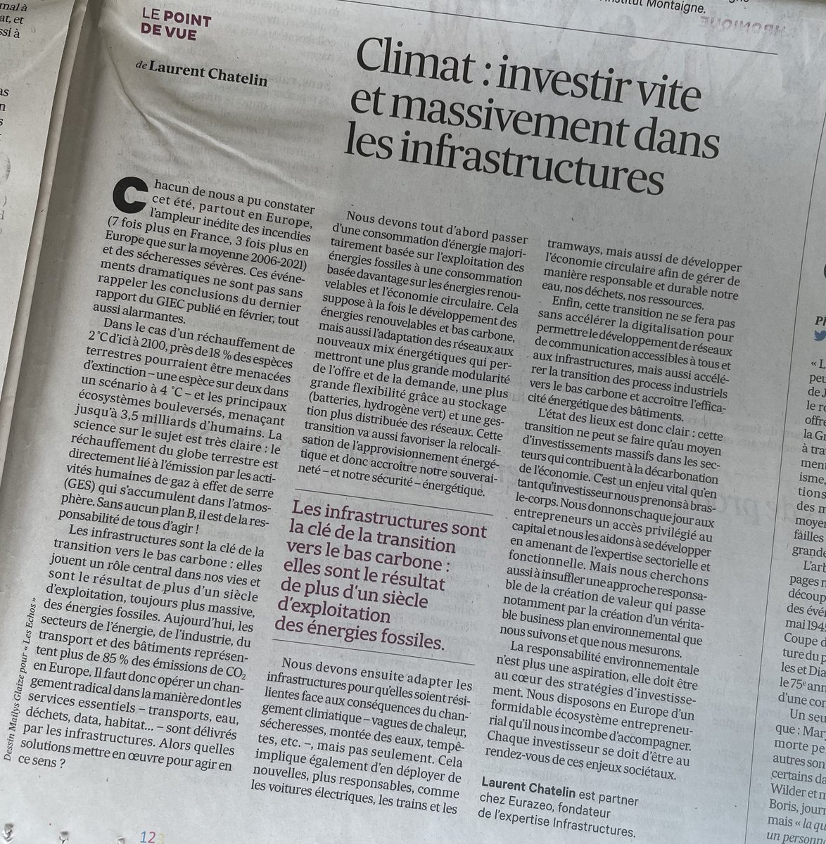 Laurent Chatelin, Partner-#Infrastructure, s'est exprimé dans <a href="/LesEchos/">Les Echos</a> sur la nécessité d'investir vite et massivement dans les infrastructures pour contribuer à la #TransitionEcologique. 🌿
🗣️ "Les infrastructures sont la clé de la transition vers le #BasCarbone."