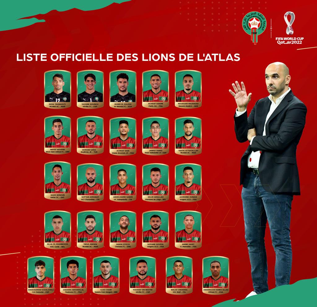 اللائحة النهائية لأسود الأطلس مستعدة لنهائيات كأس العالم فيفا قطر 2022 🇶🇦

🚨Your squad list is ready for FIFA World Cup Qatar 2022 !

#DimaMaghrib 🇲🇦 #AtlasLions #TeamMorocco