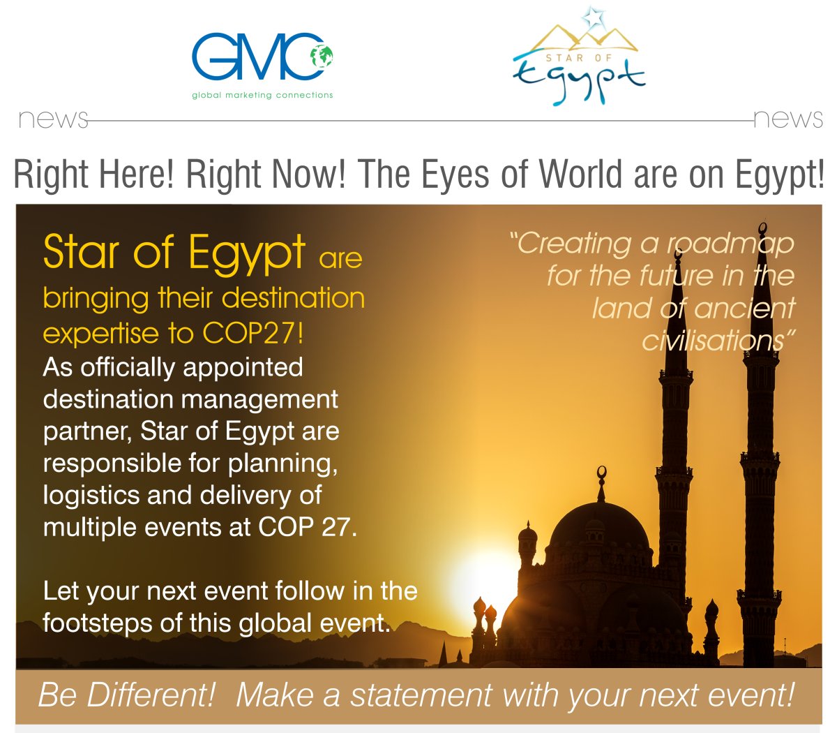 Our brilliant DMC, Star of Egypt are bringing their destination expertise to COP27 as an officially appointed destination management partner. mailchi.mp/gmc.uk.com/sta… Just imagine what they can do for your next event in Egypt!