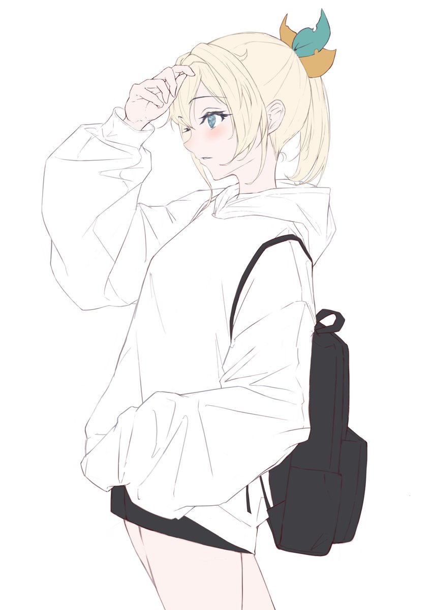 kazama iroha 1girl blonde hair hood solo white hoodie backpack bag  illustration images