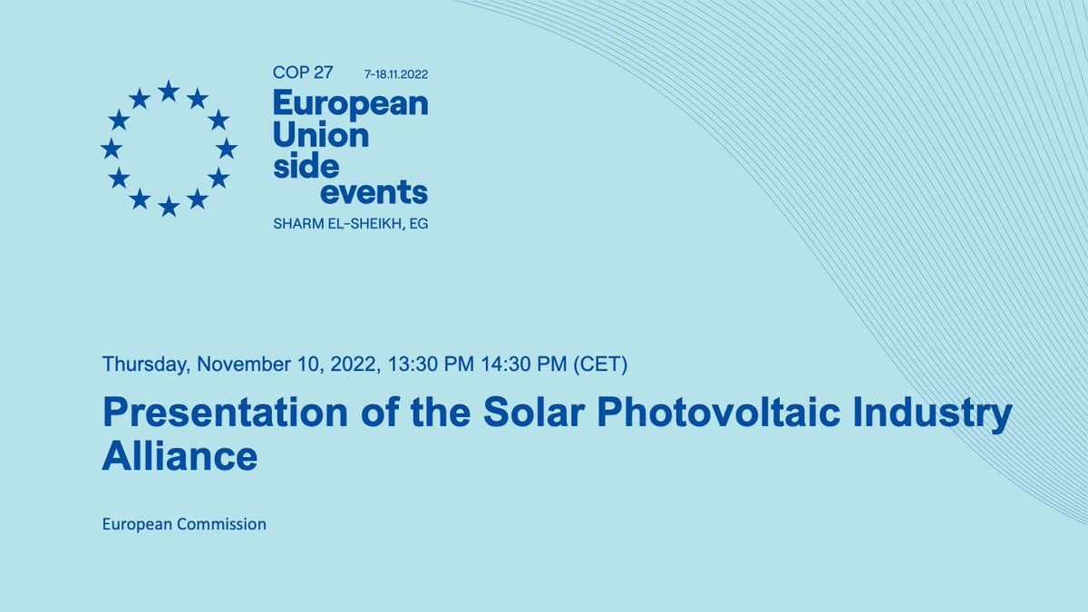 EU_Growth's tweet photo. You can still join our #EUatCOP27 event on ☀️solar to #RePowerEU today at 13:30 CET.
Our Solar Photovoltaic Industry Alliance aims for:
⚡️320 GW new solar photovoltaic capacity by 2025
⚡️+/-600 GW by 2030
Discover more & register ⤵️
https://t.co/qrPesHSnyq
#COP27 #ResilientEU https://t.co/mykS2haMJ7