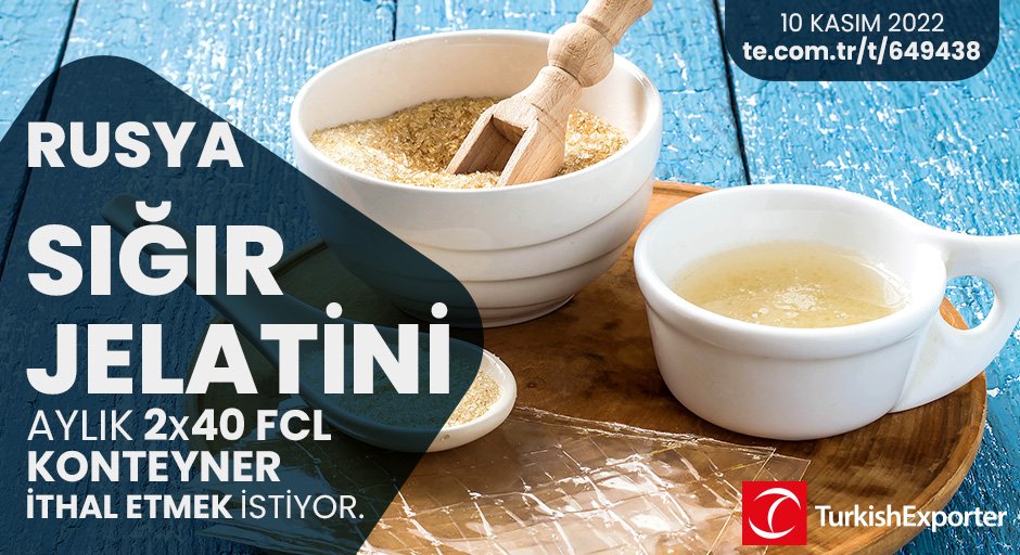💡İhracat Fırsatı!

📍Rusya, sığır jelatini aylık 2x40 FCL konteyner ithal etmek istiyor.

⭐Bu ihracat fırsatının detaylarına erişmek için linke tıkla!
te.com.tr/t/649438

#turkishexporter #ihracat #export #import #b2b #trade #rusya #russia #sığırjelatini #jelatin #gelatine