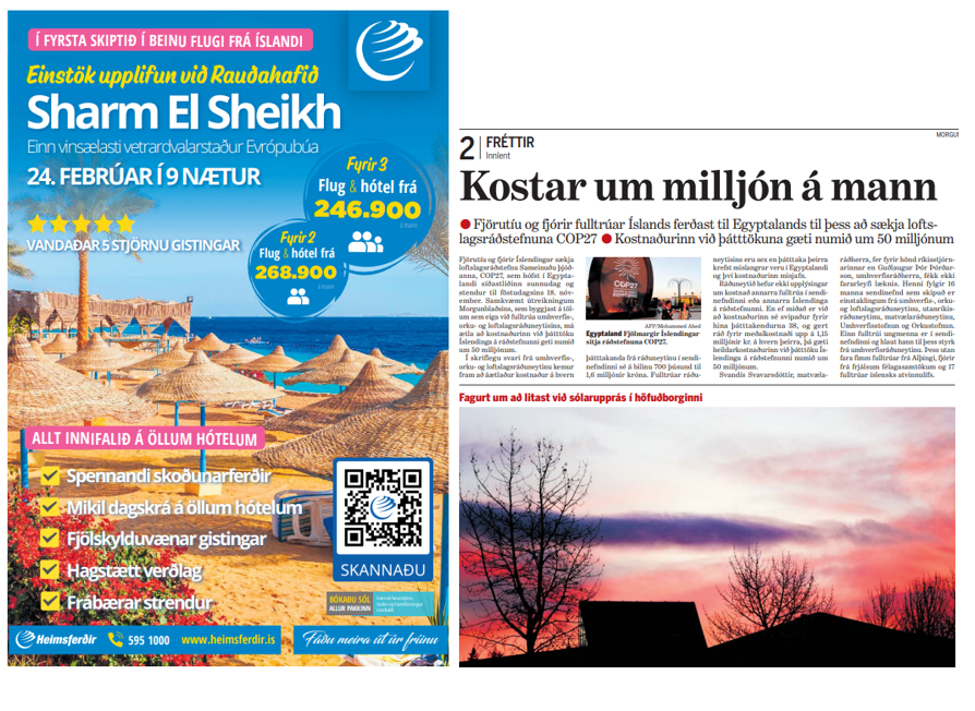 GlumurBjornsson's tweet photo. Auglýsing og frétt um 11 daga ferðir til Sharm El Sheikh í Morgunblaðinu í dag. 

Einkarekstur - ríkisrekstur https://t.co/hmmxMYhBKx