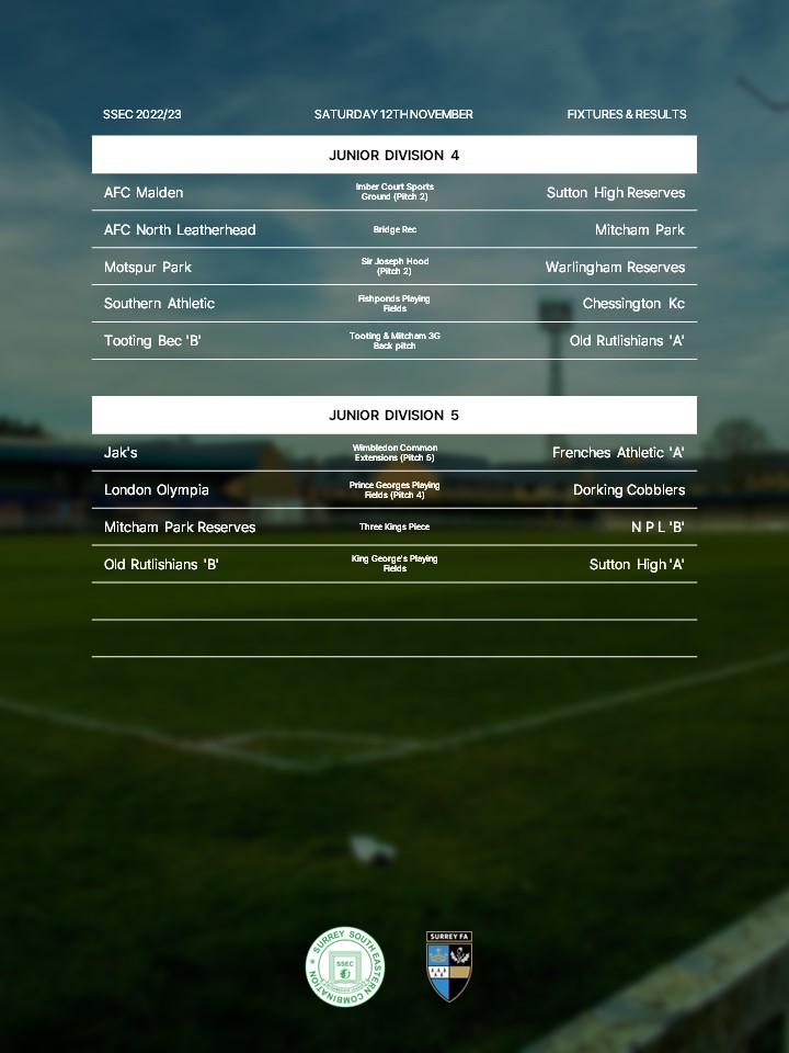 Same busy Saturday for JDs 4-5💪

<a href="/afc_malden/">AFC Malden</a> <a href="/SuttonHighFC/">Sutton High FC</a> <a href="/MotspurParkCFC/">Motspur Park C.F.C.</a> <a href="/Warlinghamfc/">Warlingham FC</a> <a href="/ChessingtonKCFC/">Chessington KCFC</a> <a href="/TootingBecFC/">Tooting Bec FC</a> <a href="/oldrutsfootball/">Old Ruts Football</a> <a href="/frenchesfooty/">Frenches Athletic FC 🏆</a> <a href="/fc_olympia/">London Olympia FC</a> <a href="/NPLFC/">NPLFC</a> <a href="/oldrutsfootball/">Old Ruts Football</a>