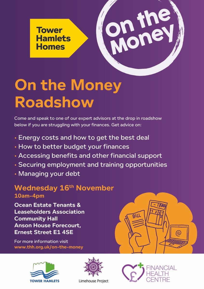 The next On the Money roadshow is happening in the Ocean Estate on Wednesday 16th November.

Expert advisors from our partners <a href="/the_LHP/">Limehouse Project</a> will be available from 10am-4pm with advice and suppport for people struggling with the cost of living.

#towerhamlets #onthemoney