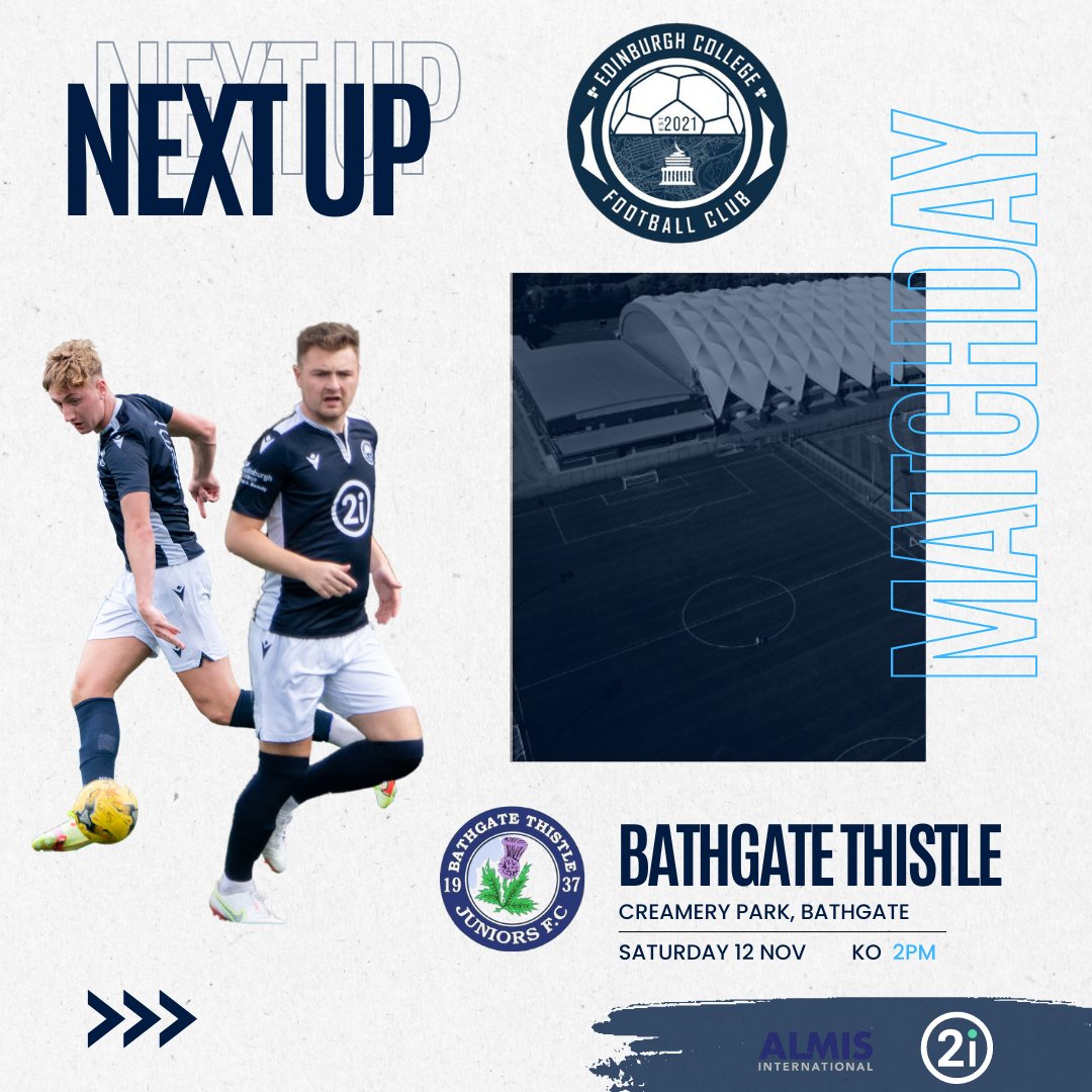NEXT UP.... Join us this Saturday as we take on <a href="/bathgatethistle/">Bathgate Thistle FC</a> at Creamery Park 2pm.⚽️ 

#monthecollege

<a href="/edinburghcoll/">Edinburgh College</a> 
<a href="/EastScotlandFA/">East of Scotland Football League</a>