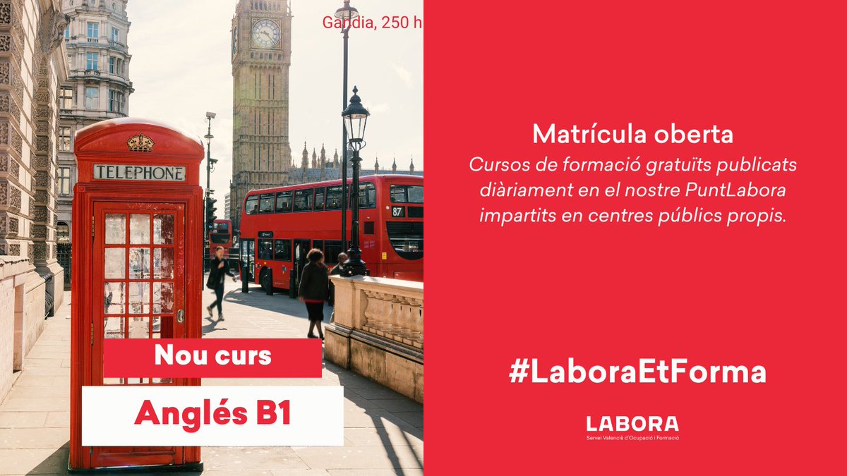 GVAlabora's tweet photo. 📣 MATRÍCULA OBERTA ‼️
✅ Nou Curs: ANGLÉS B1 🇬🇧 en #Gandia
➡https://t.co/HHGu3Op2bQ
✅ Data prevista d'inici: 28/11/2022
🏢 Cursos Gratuïts en els nostres centres públics #LaboraFormació. Espais segurs😷
#LaboraEtForma #SomLabora https://t.co/OT326I5QDe