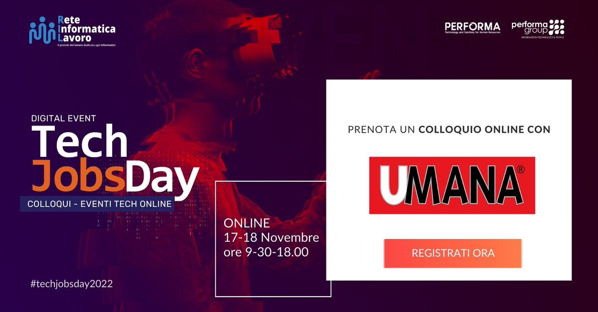 Reteinformatica's tweet image. Al #techjobsday2022 incontra il team HR di Umana, alla ricerca di ✅Laureati STEM ✅Laureati #INFORMATICA ✅Periti informatici ✅#Developer
✅System administrator.
Registrati ora: bit.ly/31uOl5P

#InformationTechnology #lavoro #offerte