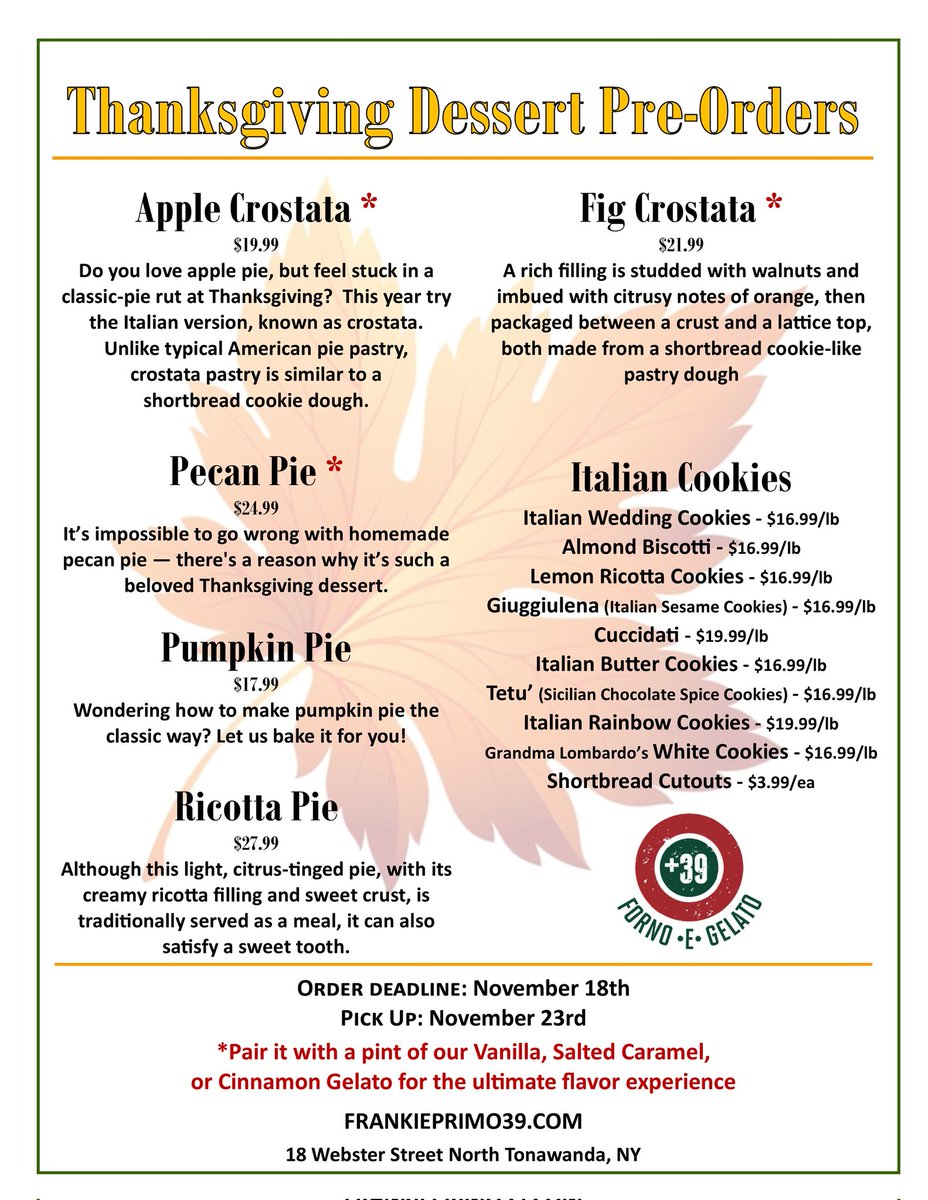 PlusThreeNine's tweet photo. Did you know that we also have a Bakery/Gelateria?  Forno e Gelato is on Webster St. in NT.  Place your Thanksgiving Dessert orders now.   https://t.co/MKTMaWKKOB 

#bakery #Italian #pie #italiancookies #freshbread #Gelato #budino #tiramisu #lemonmascarponecake https://t.co/SC5GkqQsKR