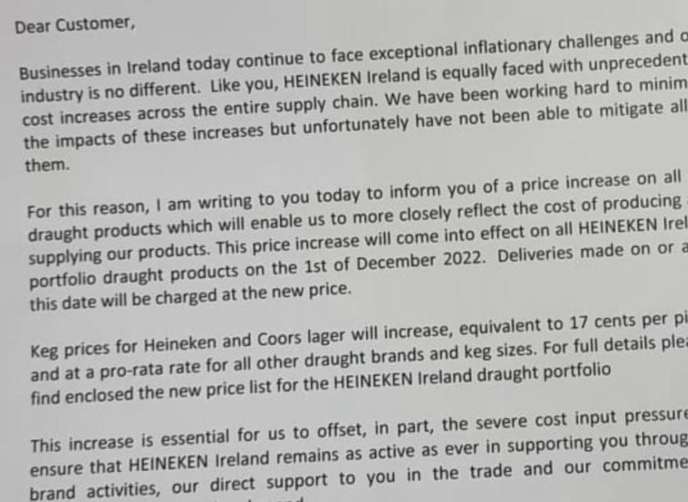 PaulQuinnNews's tweet photo. Letter sent to publicans from @Heineken_IE on price hikes

The increase is due to kick in on Dec 1st

@LVADublinPubs @VFIpubs

@VirginMediaNews https://t.co/jgdfD6v8nm