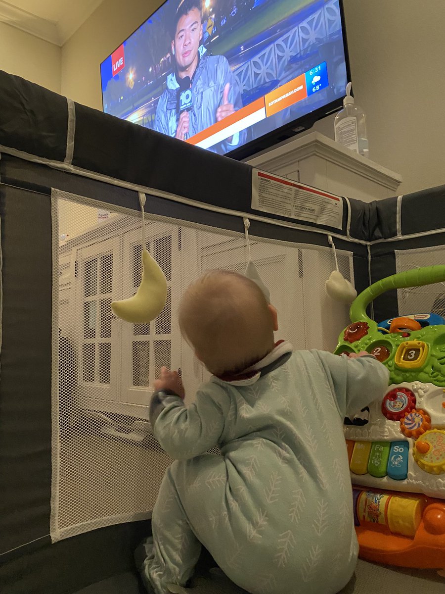 TunisBeth's tweet photo. Staying informed during the storm! He’s learning a lot about news and FL storms in his first year of life. @10TampaBay @migueloctaviotv https://t.co/gNCZm5OK20