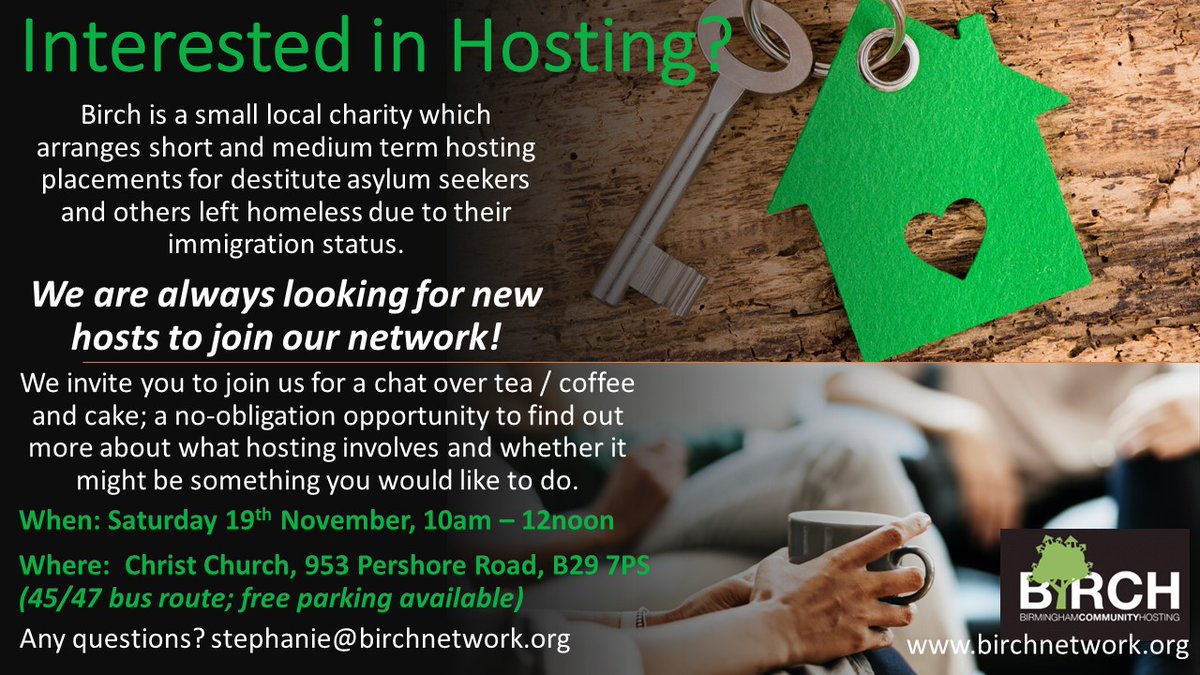 Interested in hosting destitute asylum seekers or people left homeless by the immigration process in #Birmingham? Have lots of questions about whether to take the plunge? Join us at a coffee morning at Christ Church Selly Park at 10am on Sat 19/11 to find out more. Please share!