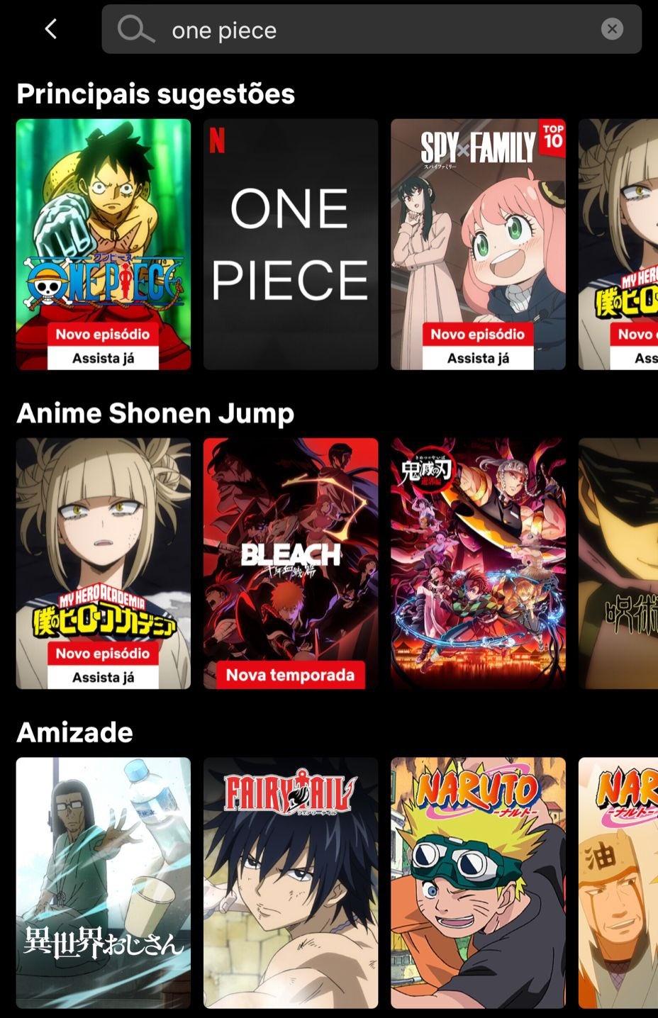 One Piece News on X: Uma pessoa me mandou algumas imagens da Netflix hoje  que me deixaram intrigado. Vários animes que não estão no catálogo estavam  aparecendo na Netflix dessa pessoa do