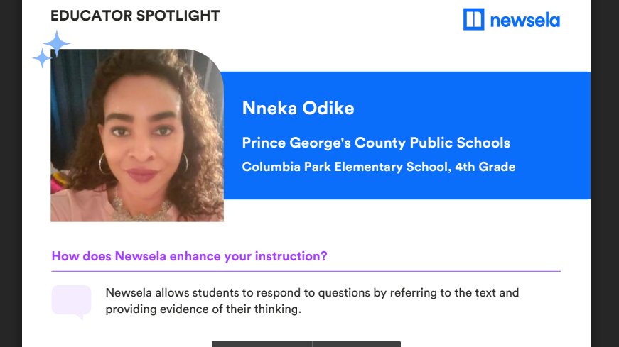 AdrinLeak's tweet photo. Educator Spotlight: Columbia Park Elementary School is receiving the shout out today! Nneka Odike was featured in Newsela!! Let's continue to use digital platforms and digital tools to support student achievement! #PGCPSProud #cpeseagles https://t.co/6n24kozvu4