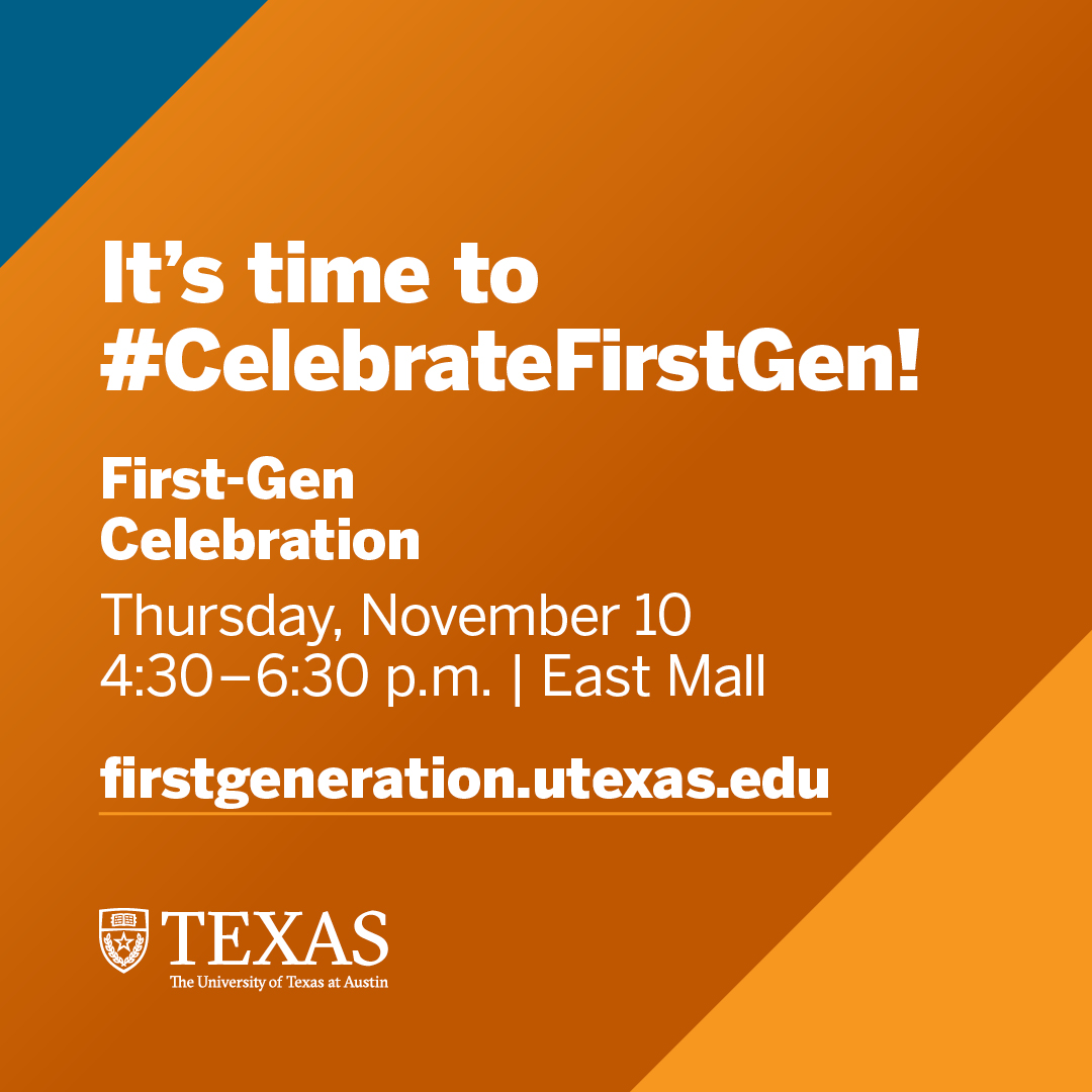 UTDoS's tweet photo. Celebrate First-Generation Longhorns today 🤘

Join the campus-wide celebration at East Mall between 4:30 - 6:30 p.m. There will be food, music, giveaways, a photo booth, and special guest speakers! https://t.co/nBxtnrsTHg

#FirstGenLonghorns #CelebrateFirstGen #FirstGenForward https://t.co/fxJODFMLBq