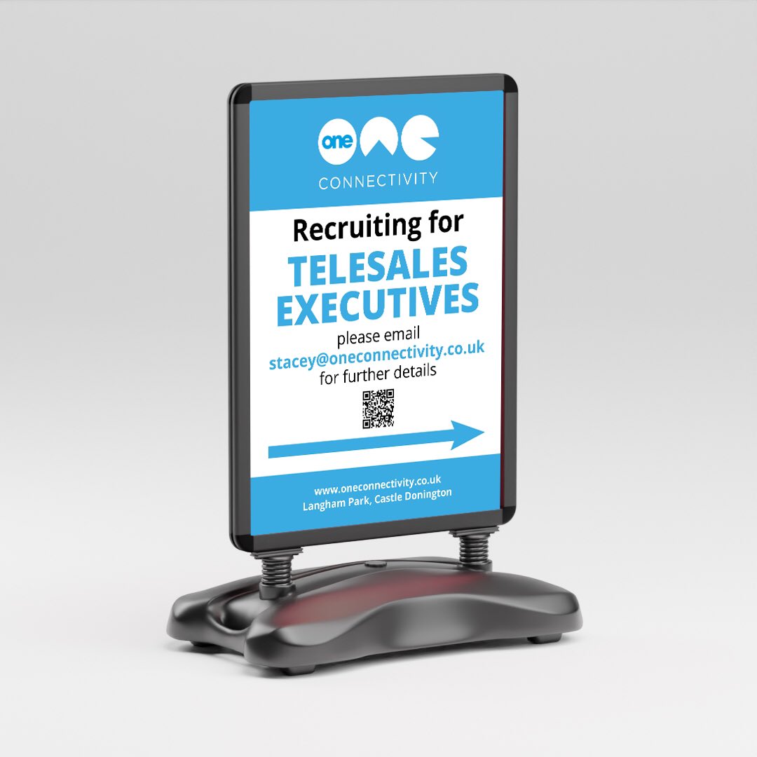 Giant A0 sized pavement sign and posters we supplied this week for @oneconnectivity in #castledonington

These signs are super hard-wearing, and come with a water-fillable base for stability.

We produce the posters on a PVC media; they won’t fade easily and are weatherproof.