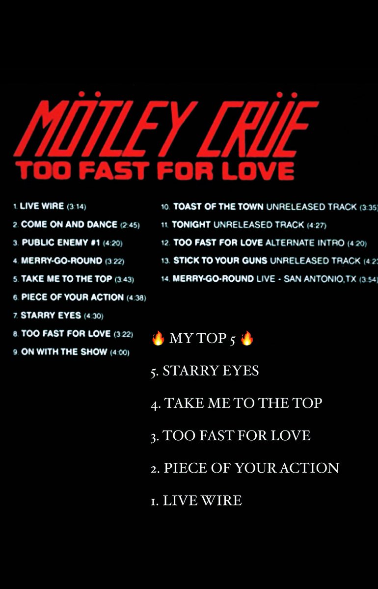 NicTNemeth's tweet image. #TooFastForLove @MotleyCrue anniversary! whats your top 5?
here’s mine: