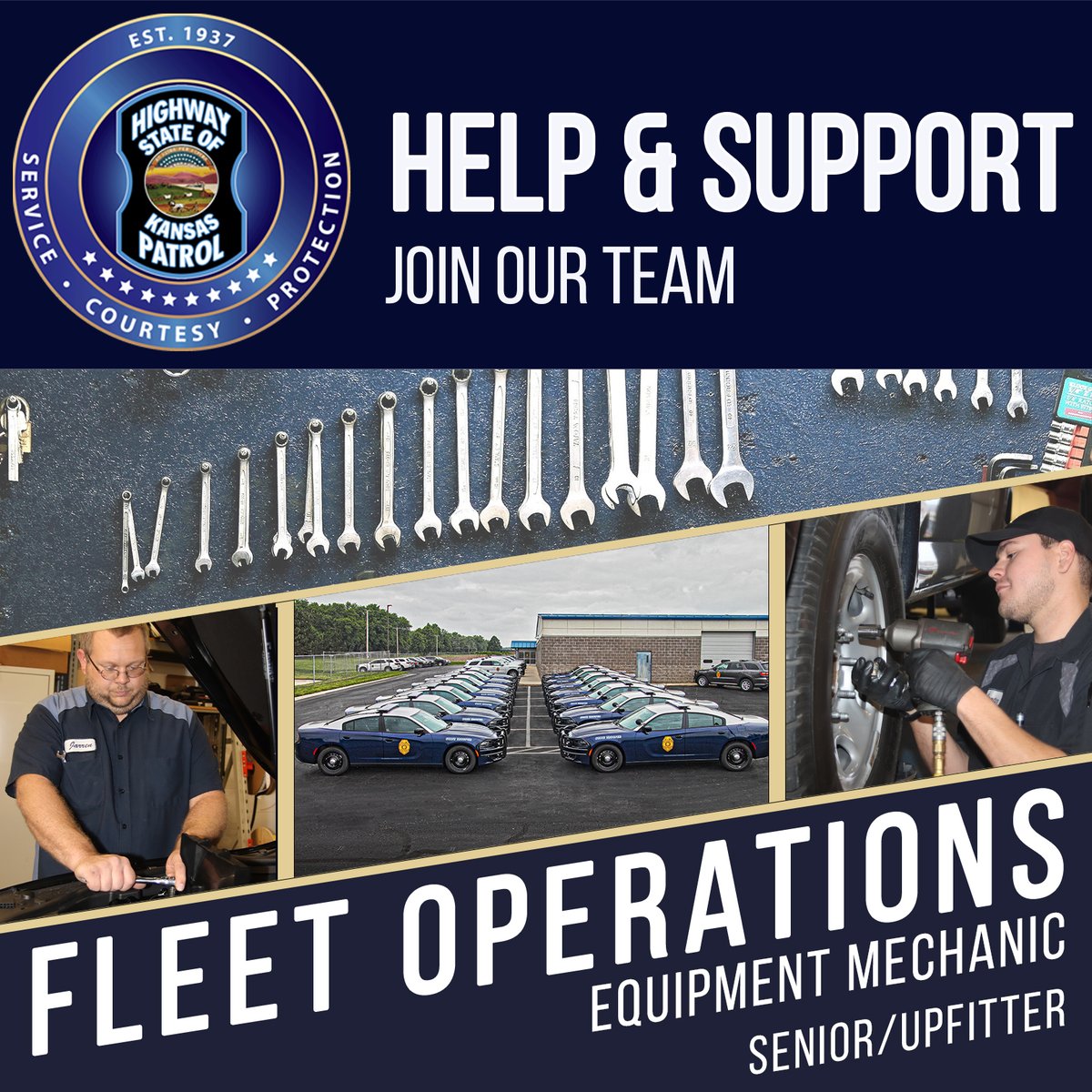 kshighwaypatrol's tweet photo. Join KHP's team as an Equipment Mechanic Senior/Upfitter!

#ApplyToday at https://t.co/lxilj1X77g or visit the below link to go directly to the job postings.

Equipment Mechanic Senior: https://t.co/dtDRSX2ZI0
Equipment Mechanic Senior (Upfitter): https://t.co/aRTw87hvZy

#JoinUs https://t.co/rP62dxwsPL