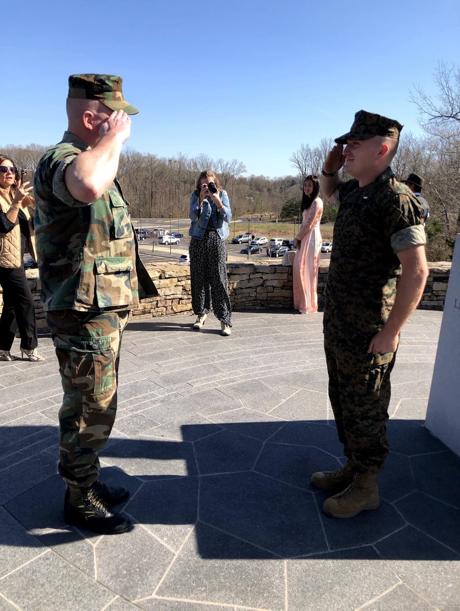 JermJoh's tweet photo. @JackCarrUSA Me CPL ‘89-‘93 rendering 1st Salute to my oldest son. 2nd Lt Johnson April 2022. In the shadow of Chest Puller statue. SEMPER Fi https://t.co/zicrbnzBUe