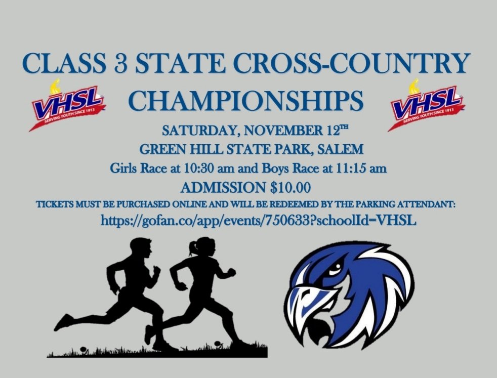 State 3A XC Championsips are still a go for Saturday. Tickets must be purchased online at GoFan.
<a href="/XC_York/">York FALCONS Cross Country</a> <a href="/YorkFalcons/">York Falcon Sports</a> @yhs_falcons