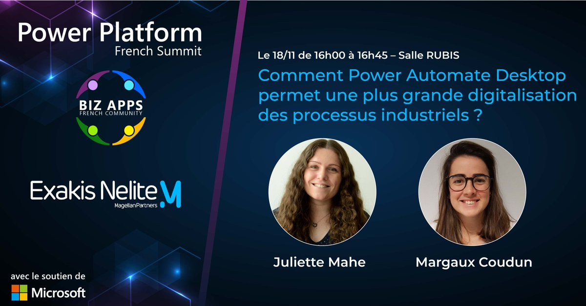 [EVENT] 18/11 de 16h00 à 16hh45 - 📅📢 – A l’occasion du <a href="/french_summit/">Power Platform French Summit</a>  ne ratez pas la session de nos expertes Juliette MAHE et Margaux Coudun dédiée à : Comment #PowerAutomateDesktop permet une plus grande #digitalisation des processus industriels ?
exakis-nelite.com/article/power-…
