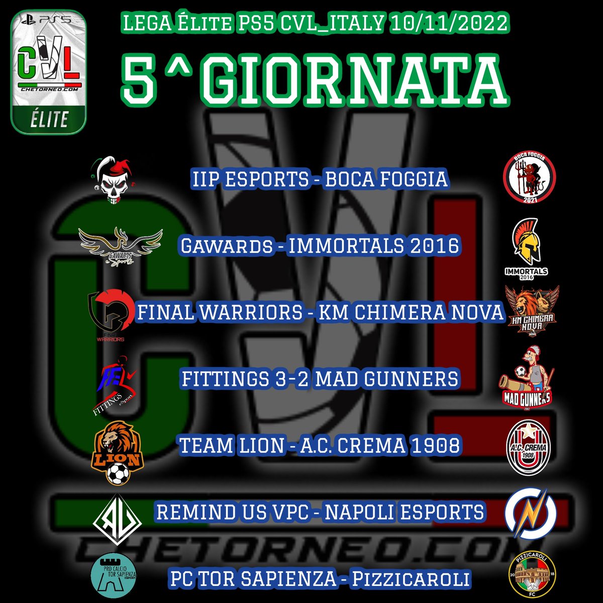 🎙️ <a href="/CVL_ITALY/">CheTorneo Virtual League #ProClub #NoProfit</a> #PS5 #FIFA23 #ProClubs

🇮🇹5^Giornata Serie Élite 

✅Buon Campionato a tutti

<a href="/MaglieStore/">Maglie Store Italia</a>
<a href="/BocaGamingASD/">ASD_BOCA_GAMING</a>
<a href="/chetorneo/">Chetorneo eSports</a>
<a href="/vGamesRT/">vGamesRT 🔄</a>
<a href="/S6_trialhouse/">S6 Trialhouse | #proclubs</a>
<a href="/Freeagent_PS/">Pro Clubs Free Agency</a>
<a href="/BocaRetwitt/">BocaRT</a>
@RetweetProclub
<a href="/pctransfermarkt/">🇮🇹 PRO CLUBS TRANSFERMARKT🔍</a>