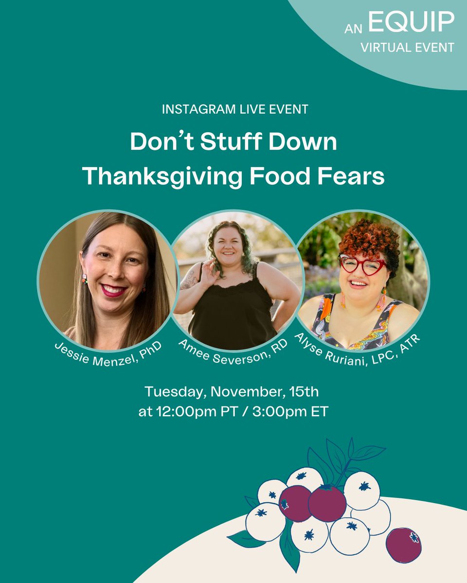 joinequip's tweet photo. Thanksgiving is the most popular holiday in the US — but for those living with an eating disorder, it can be tremendously difficult. Join us on Nov 15 at 12PT/3ET for an Instagram Live on navigating the challenges of holiday food, featuring @alyseruriani and @AmeeSeverson https://t.co/mP965MWCIZ
