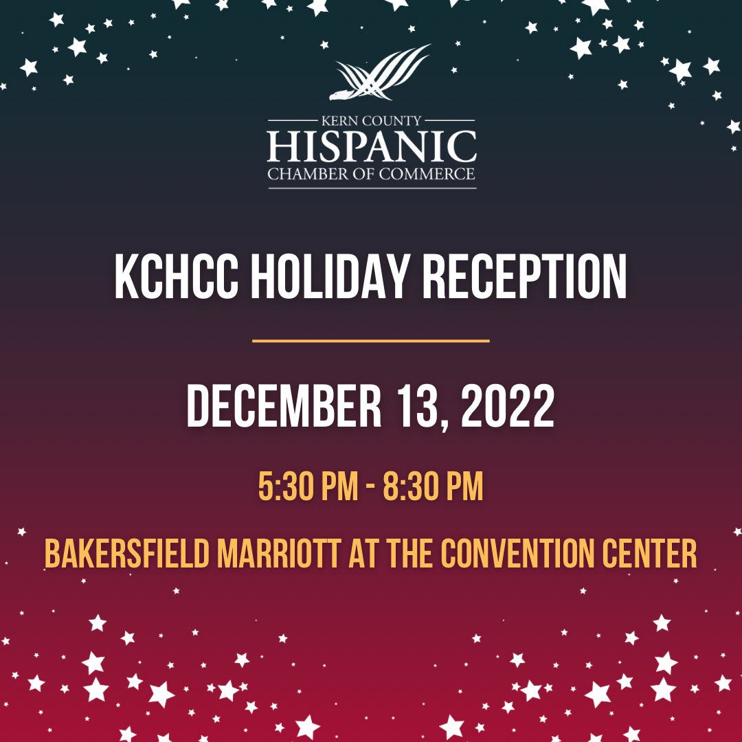 🗓️ Mark your calendars and get ready to celebrate the holiday season at the Annual KCHCC Holiday Reception. 

This year’s event is being held on Tuesday, December 13 at the Bakersfield Marriott at the Convention Center (5:30-8:30 PM). We hope to see you there!