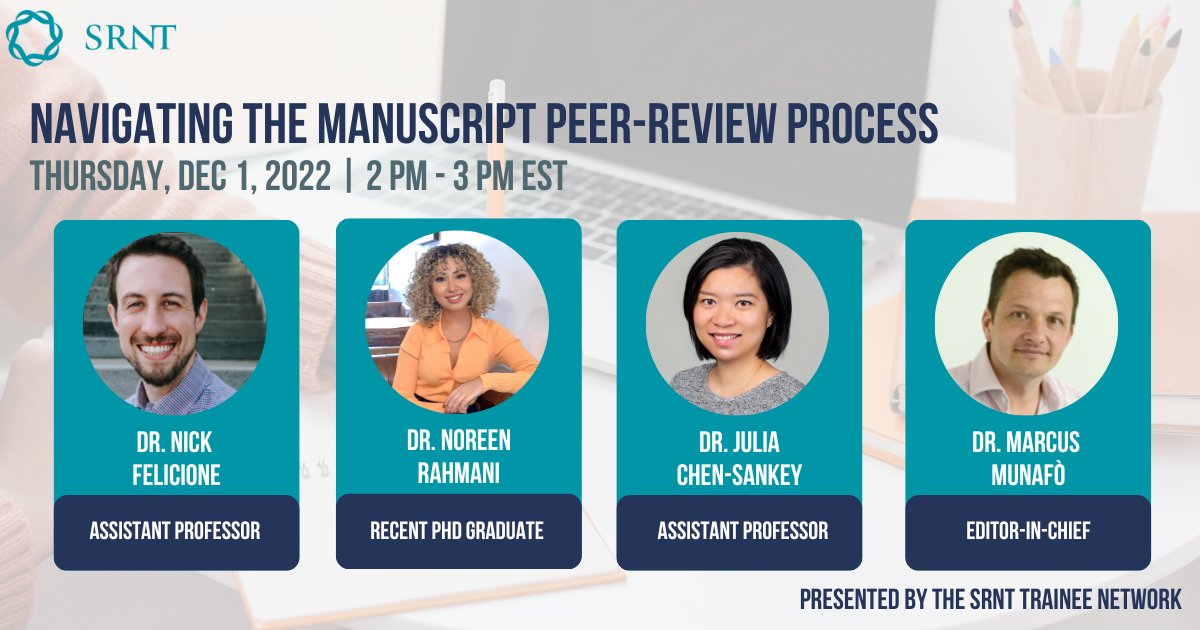 SRNT Trainee Network (@traineesrnt) on Twitter photo Are you interested in learning about how to review manuscripts or respond to reviewer comments? Be sure to attend the Trainee Network Panel Discussion with <a href="/NoreenRahmani/">Noreen Rahmani, PhD</a>, <a href="/JuliaChenSankey/">Julia Chen-Sankey</a>, and <a href="/MarcusMunafo/">Marcus Munafò</a> on Thurs, Dec 1 at 2-3 PM EST! Register now at srnt.org/page/TraineeNe…! Are you interested in learning about how to review manuscripts or respond to reviewer comments? Be sure to attend the Trainee Network Panel Discussion with <a href="/NoreenRahmani/">Noreen Rahmani, PhD</a>, <a href="/JuliaChenSankey/">Julia Chen-Sankey</a>, and <a href="/MarcusMunafo/">Marcus Munafò</a> on Thurs, Dec 1 at 2-3 PM EST! Register now at srnt.org/page/TraineeNe…!