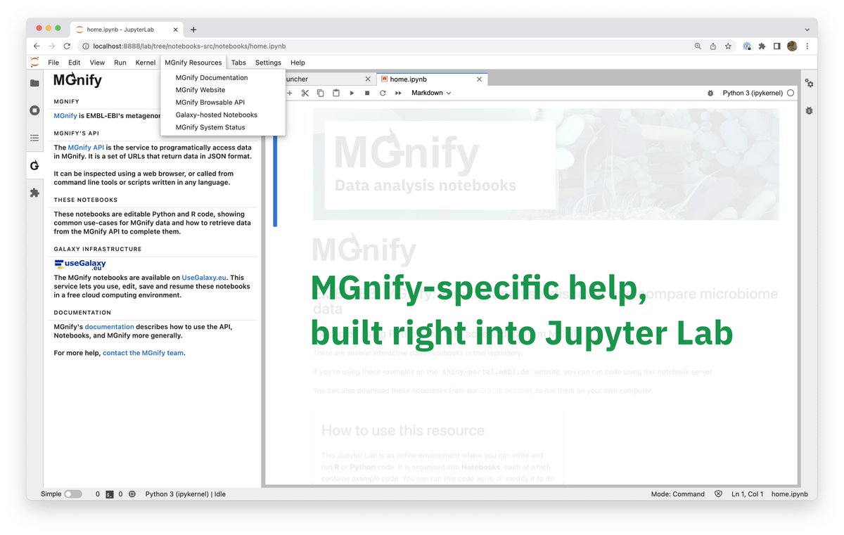 MGnifyDB's tweet photo. Our second #BioHackEU22 development is thanks to @sndyrgrs - a Jupyter Lab extension for our notebooks servers that keeps MGnify-specific help and links close by. https://t.co/98B4BpEfW5