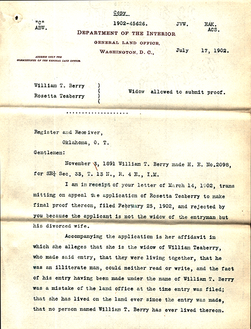 oklabhp's tweet photo. In 1901 #OKBlackHomesteader Rosetta Teaberry tried to prove up her claim as a widow, but was denied.  She obtained a divorce from husband William in 1898 on grounds of abandonment, but he died before it was final. She successfully appealed in 1902. #BlackWomensHistory #Persist https://t.co/DAoH8EanLP