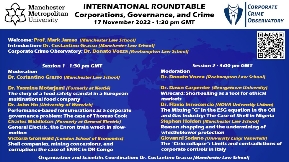 Delighted to invite you to the #international #roundtable: "#Corporations, #Government, and #Crime" organized by <a href="/ManchesterMet/">Manchester Met News</a> and the CCO on 17/11/2022 - 1:30 pm GMT. 

Join in person or on Zoom for free by registering at mmu-ac-uk.zoom.us/webinar/regist…

#whistleblowing #whistleblower