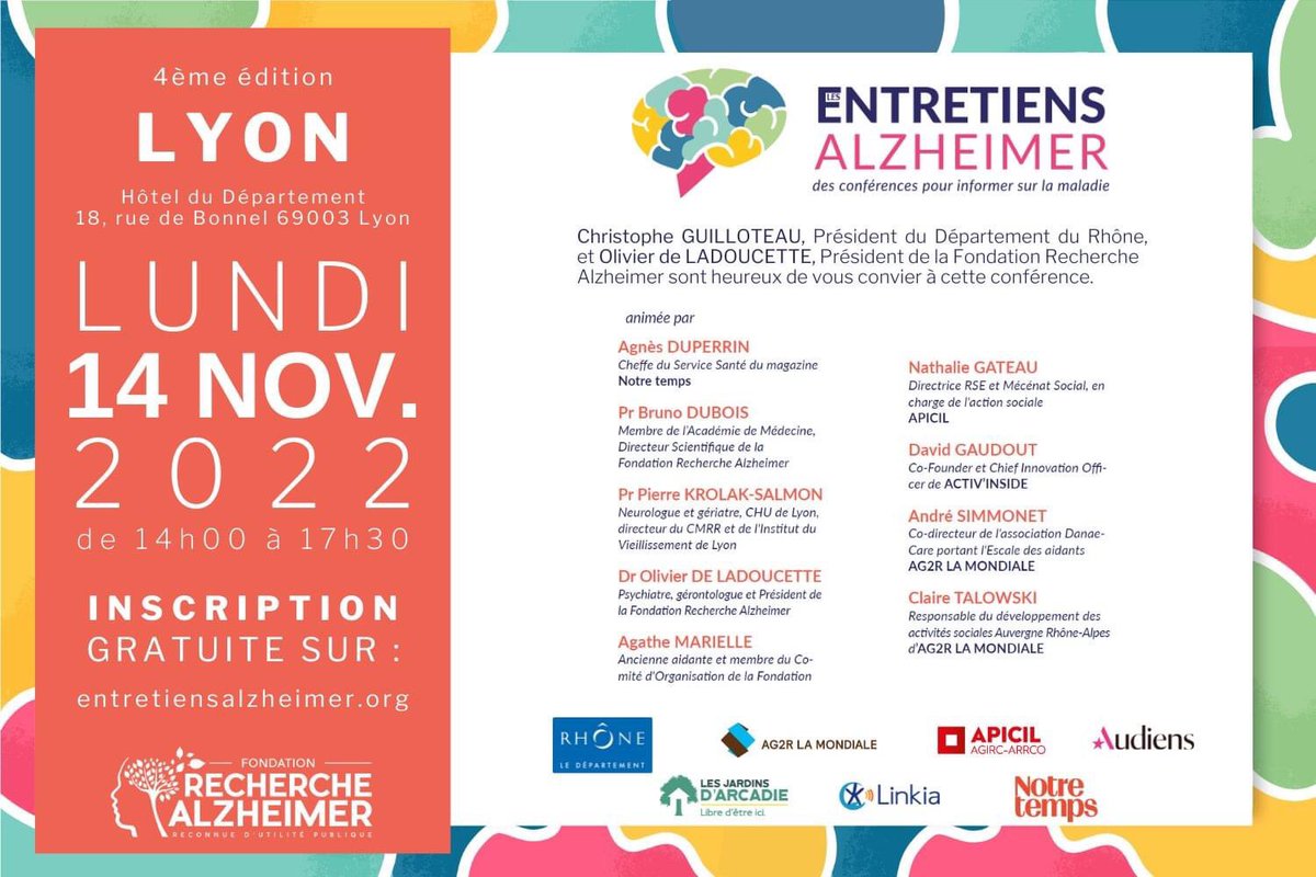 Fondation Recherche Alzheimer (@alzh_fondation) on Twitter photo Derniers jours pour s’inscrire aux #entretiensalzheimer Lyon. Gratuit et ouvert à tous 👉entretiensalzheimer.org/index.php/lyon/
animé par <a href="/Agnes_Duperrin/">Agnès Duperrin</a>. Avec le Pr @KrolakSalmon Merci à nos partenaires <a href="/AG2RLAMONDIALE/">AG2R LA MONDIALE</a> @GroupeAPICIL <a href="/JardinsdArcadie/">Jardins d'Arcadie</a> <a href="/Link_ia/">Linkia</a> <a href="/NotreTemps/">Notre Temps</a> <a href="/rhone_fr/">Département du Rhône</a> Derniers jours pour s’inscrire aux #entretiensalzheimer Lyon. Gratuit et ouvert à tous 👉entretiensalzheimer.org/index.php/lyon/
animé par <a href="/Agnes_Duperrin/">Agnès Duperrin</a>. Avec le Pr @KrolakSalmon Merci à nos partenaires <a href="/AG2RLAMONDIALE/">AG2R LA MONDIALE</a> @GroupeAPICIL <a href="/JardinsdArcadie/">Jardins d'Arcadie</a> <a href="/Link_ia/">Linkia</a> <a href="/NotreTemps/">Notre Temps</a> <a href="/rhone_fr/">Département du Rhône</a>