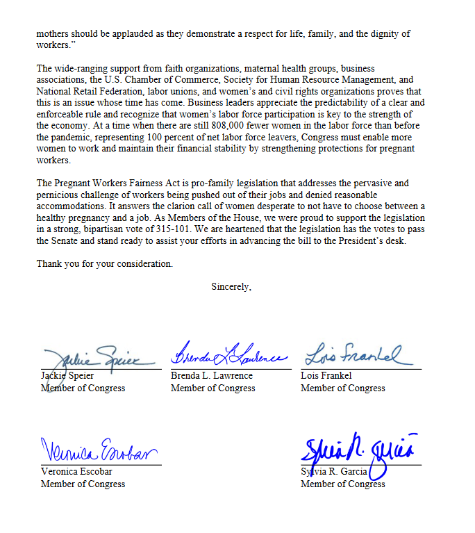 Women sent a clear message Tue-we're fighting for our rights! That's why I led a letter w/130 of my colleagues, including <a href="/DemWomenCaucus/">Democratic Women's Caucus</a>, to <a href="/SenSchumer/">Chuck Schumer</a> &amp; <a href="/LeaderMcConnell/">Mitch McConnell</a> calling for a vote on the Pregnant Workers Fairness Act. It passed in the House in 2021! Why the holdup?!