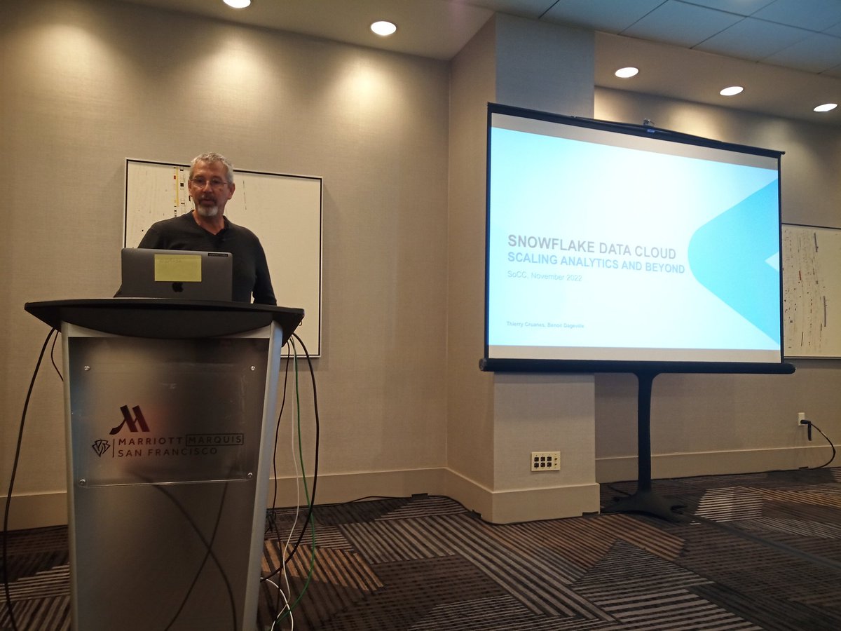 cbinnig's tweet photo. The last day of @ACMSoCC 2022 starts with a keynote of one of the co-founders of @SnowflakeDB ❄️ - Thierry Cruanes. This keynote is at the core of SoCC since it is about the story of bringing database systems in the cloud. Thanks, Thierry for accepting our invitation. https://t.co/lTrDgs5Ewu