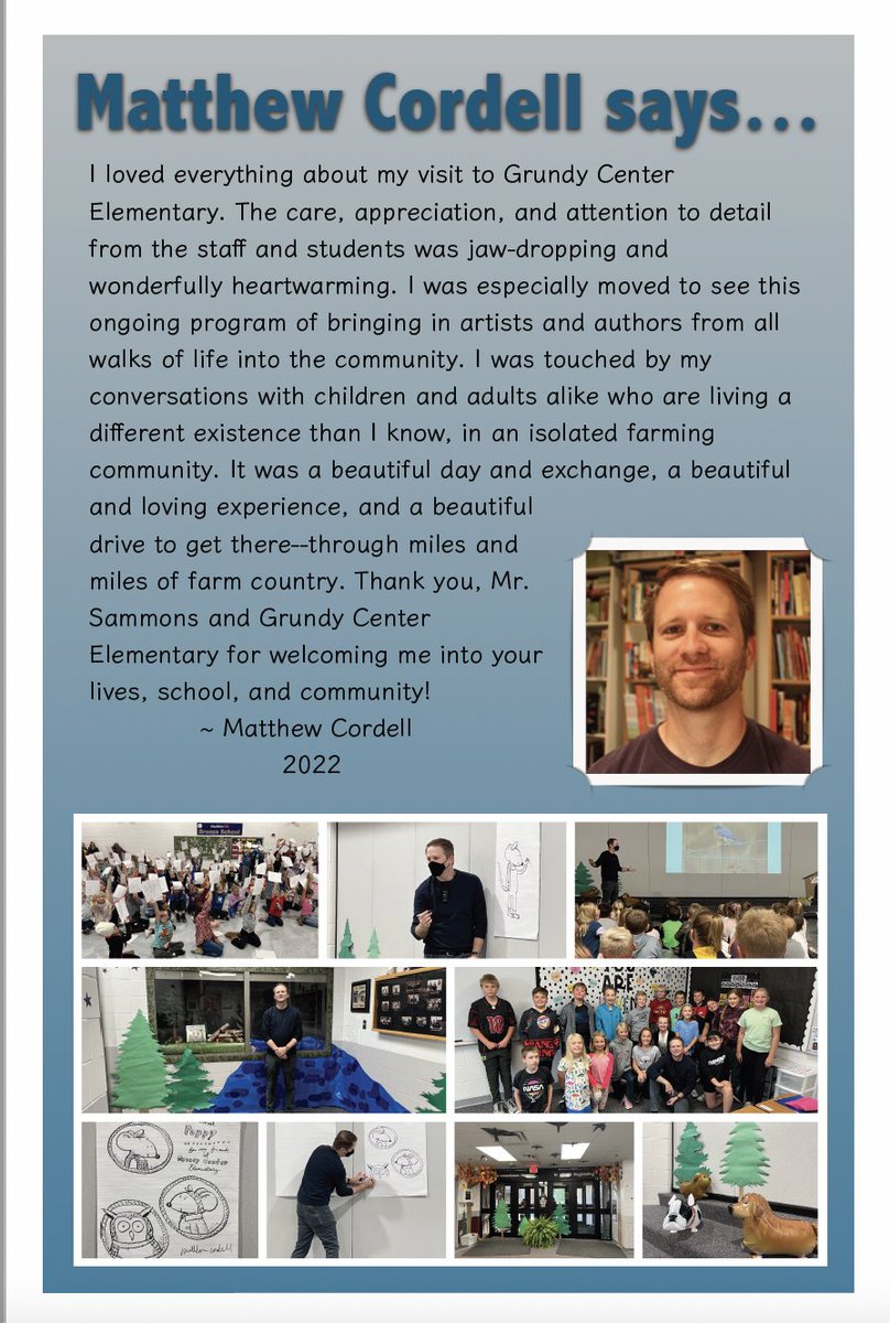 MrBSammons's tweet photo. Each time we host an author/illustrator at our school, we ask them to share about their experience. We put these posters around our school so kids and staff recall the experience often and understand how special being able to host authors/illustrators is! @gcspartans #GCReads https://t.co/sTdjuxr2Zv