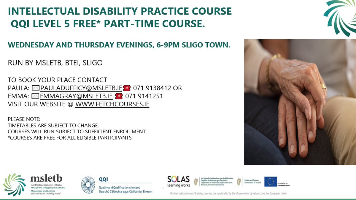 Intellectual Disability Practice Course, QQI level 5. 
Wednesday and Thursday Evenings, Sligo Town. 
fetchcourses.ie/course/finder...
