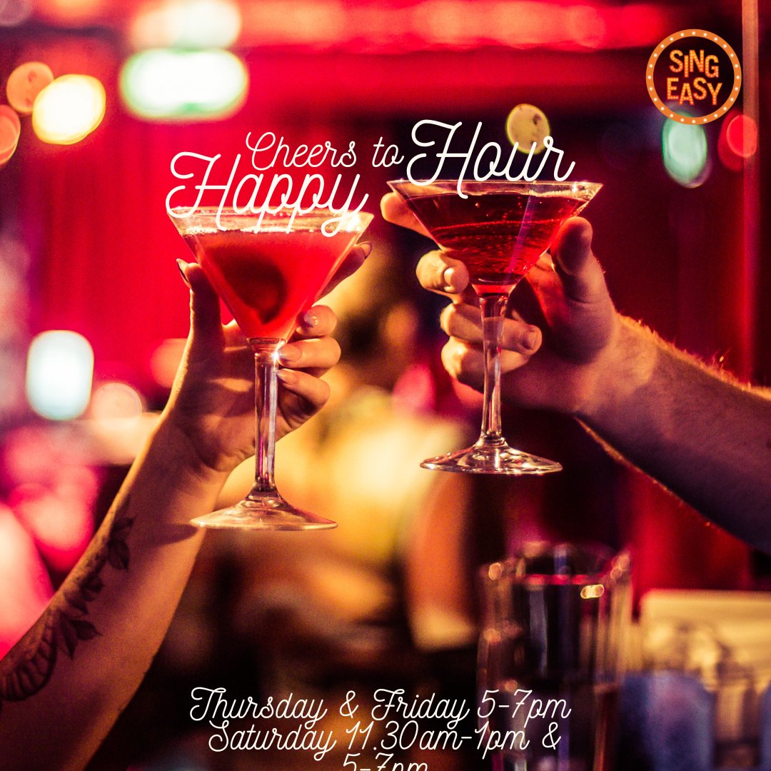Cheers to Happy Hour 🍾 Tickle your taste buds with 50% off our entire drinks menu (Excluding Champagne)  Enjoy: 

- Thursday: 5-7pm
- Friday: 5-7pm
- Saturday: 11:30am - 1pm &amp; 5-7pm

#singeasy #westend #singingwaiters