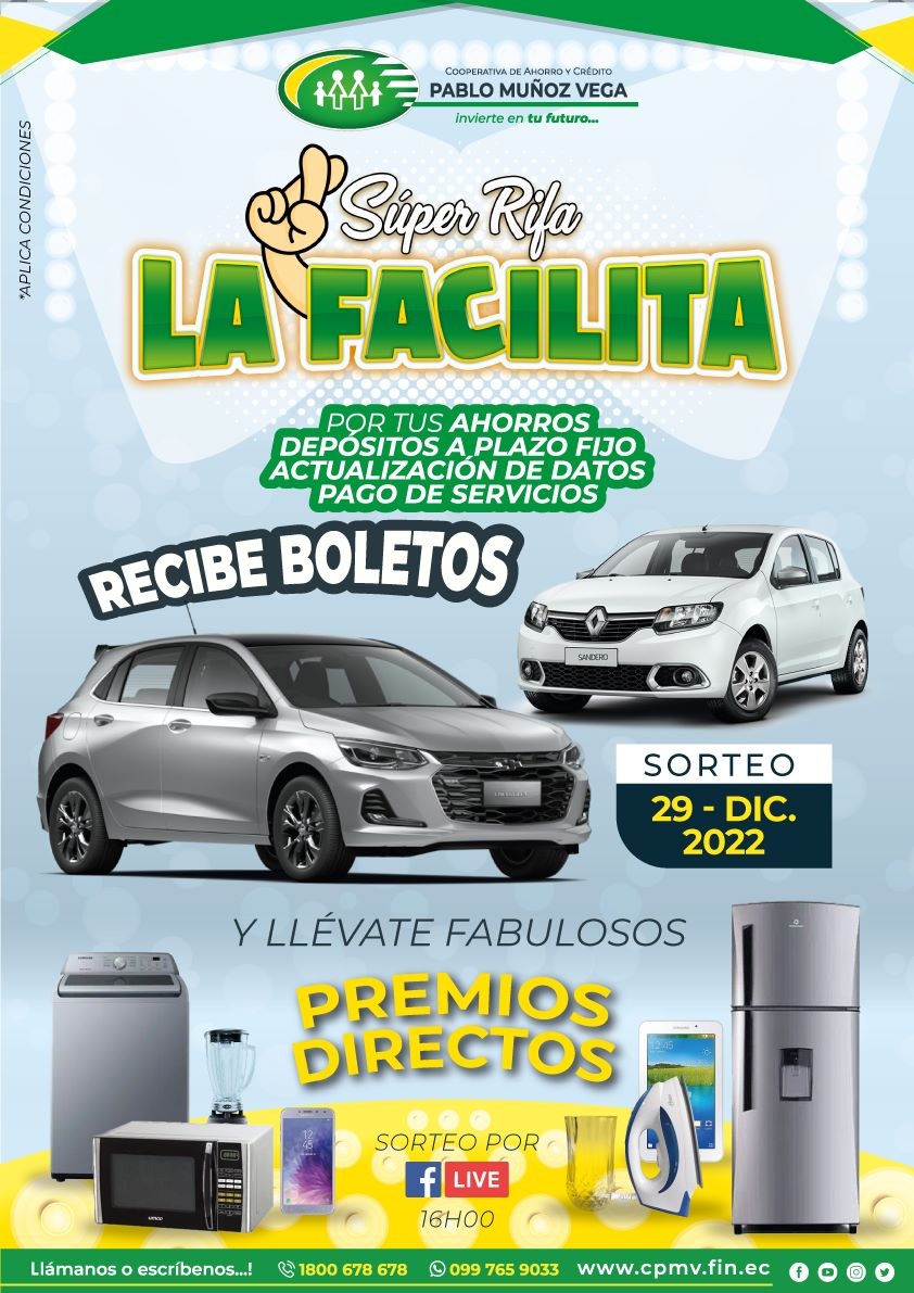 cpmvoficial's tweet photo. Volvió la Super Rifa La Facilita de la Cooperativa Pablo Muñoz Vega.
Desde el primero de Noviembre solicita tus boletos y participa por un Chevrolet Ónix y un Renault Sandero.🚙🔰
También puedes canjear mas de 20,000 fabulosos premios directos 💛🎁💚
#LaFacilita #cpmv https://t.co/UsiSclnX8n