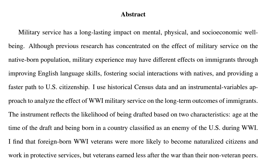 jenniferdoleac's tweet photo. Taisiia Stanishevska

JMP: "The Effect of WWI Military Service on the Long-Term Outcomes of Immigrants"

Website: https://t.co/W8Zr05aycu https://t.co/CvgYOBLXHz