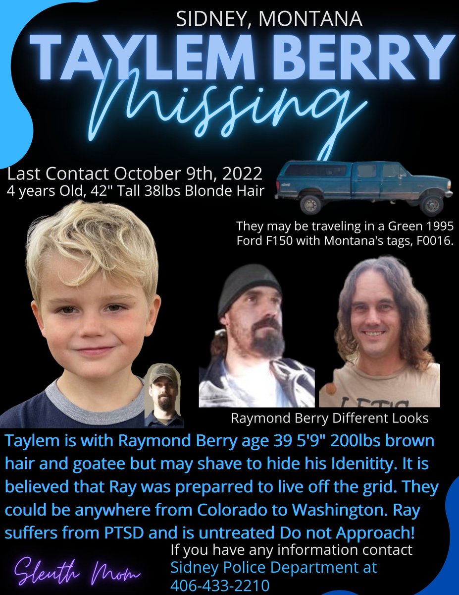 #TaylemBerry #Missing #Montana #ShareToHelp 4 year old Taylem last seen Oct 9th. With Raymond Berry age 39 5'9' 200lbs brown hair. Video discussing Taylem's mom's interview Please pray  and share someone may recognize him and help get him home! youtu.be/VdTky9dencg