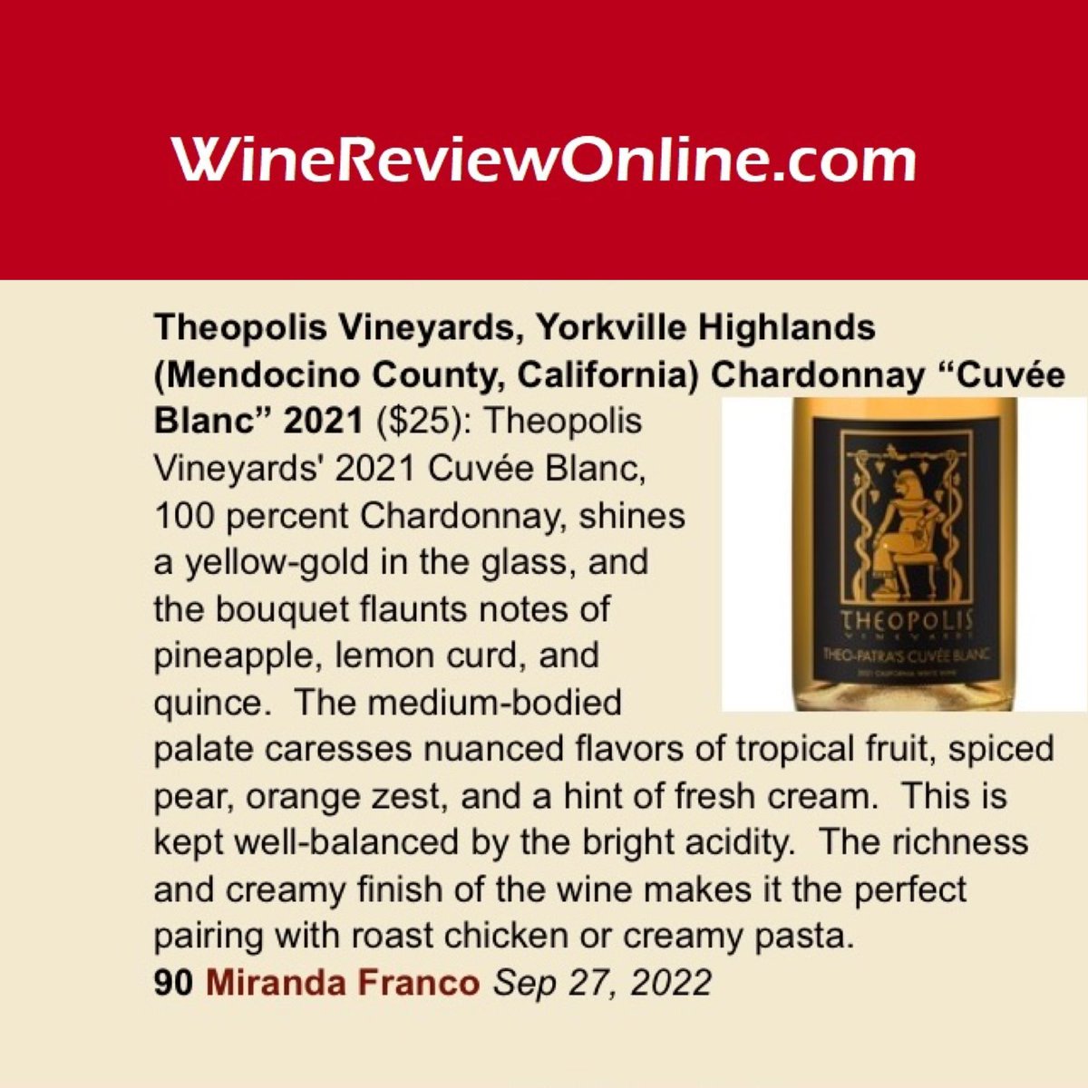 Thank you to <a href="/WineReviewOnlin/">WineReviewOnline.com</a> for the review of our 2021 Theo-Patra’s Cuvée Blanc.  This is 100% chardonnay and will pair wonderfully with your Thanksgiving fare. Order today via link in our bio.

#mendowine #californiawine #buyblack #blackowned #thanksgiving