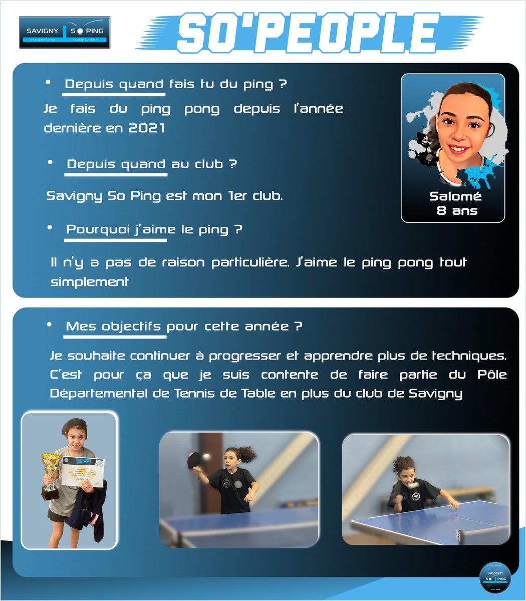 savignysoping's tweet photo. ⭐️👨 Cette semaine nous vous présentons une jeune espoir féminine.
Salomé la relève !
https://t.co/YkUAmkNGH7
#saga #people #SavignySoPing #SavignySurOrge #tennisdetable #ping #club #sport #cdtte91 #ffttidf #FFTT https://t.co/YzNExuQ8wv
