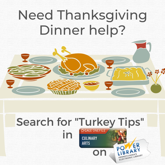ValleyLibrary's tweet image. Need Thanksgiving Dinner help? Search for &quot;Turkey Tips&quot; in Gale OneFile&apos;s Culinary Arts collection on #POWERLibrary. 
powerlibrary.org/e-resources/ga…